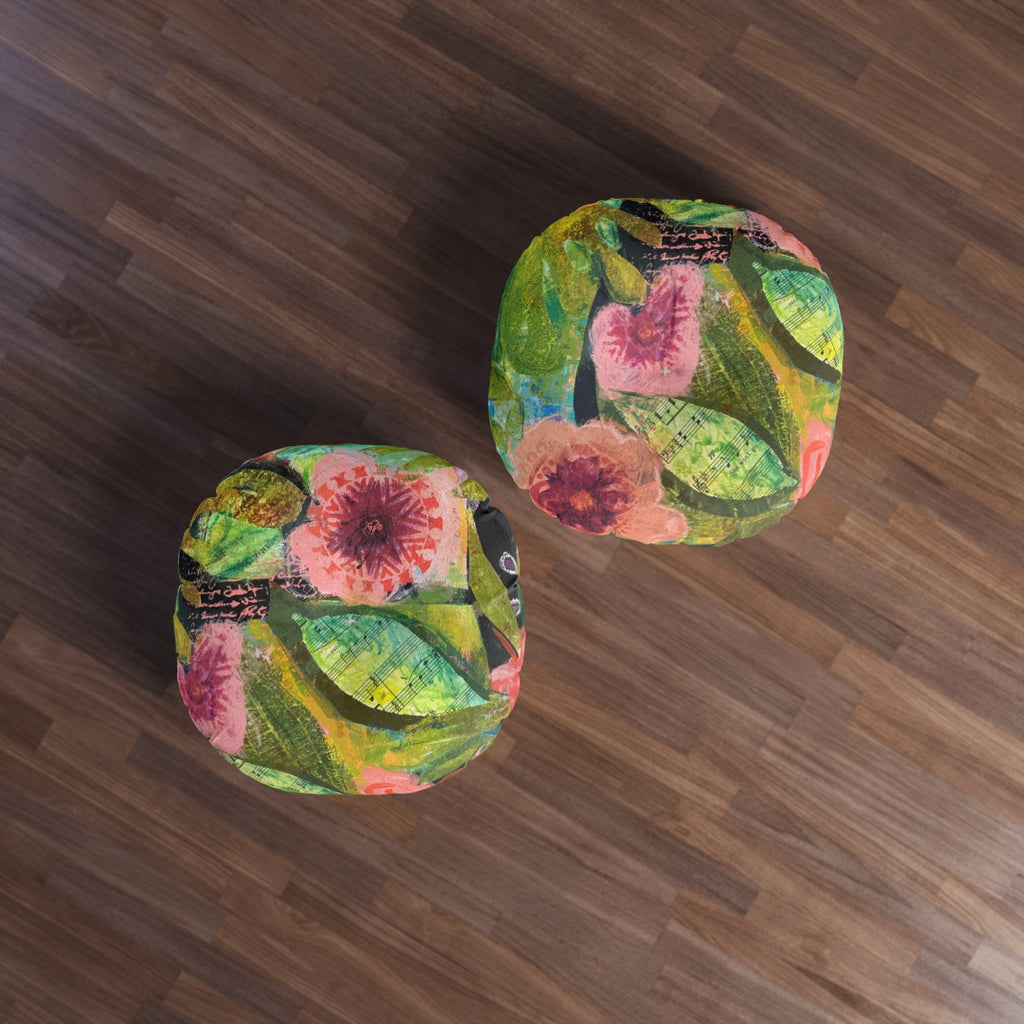 bloomin' Boquete floral garden round tufted floor pillow — pink & green botanical accent