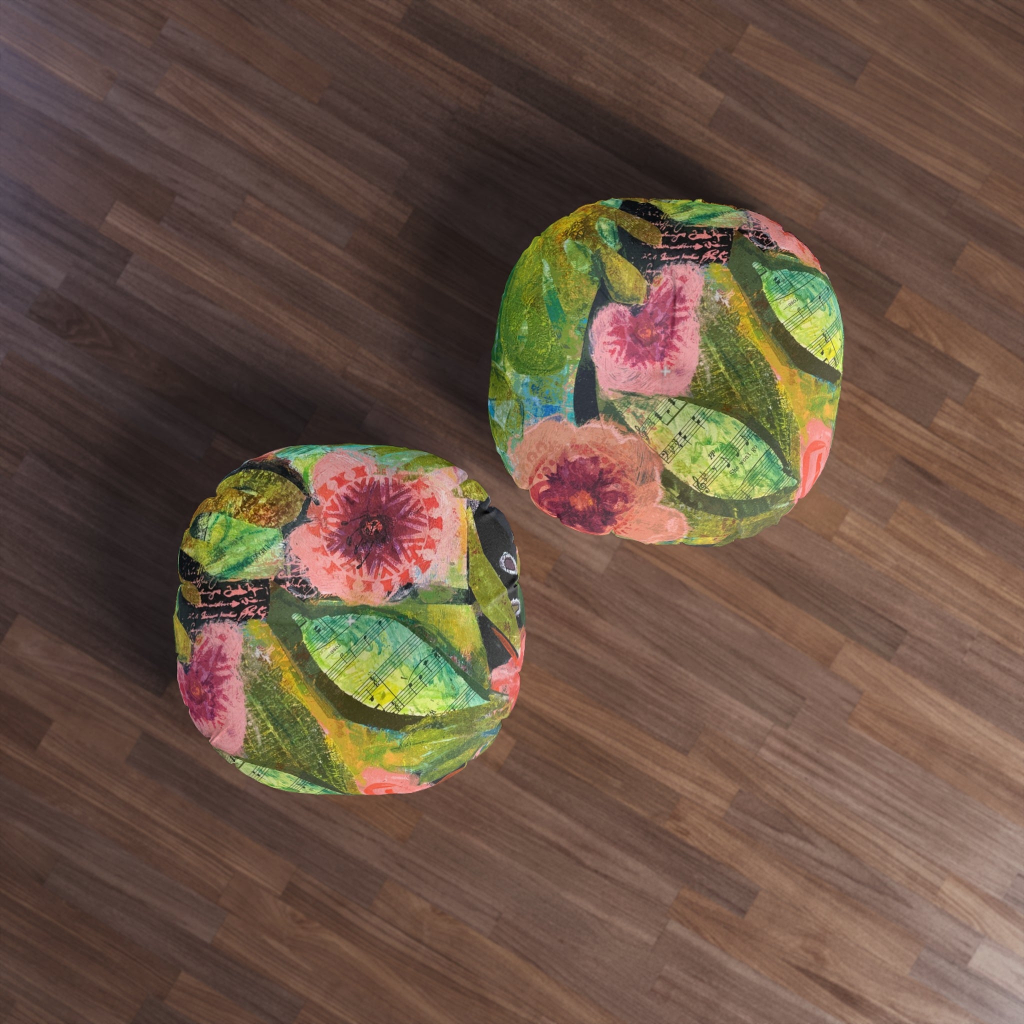 bloomin' Boquete floral garden round tufted floor pillow — pink & green botanical accent