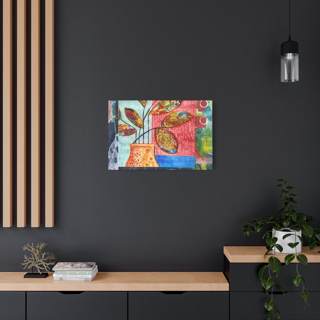 Abstract Floral Vase Canvas Print — Colorful Mixed-Media Wall Art, Matte Stretched 1.25"