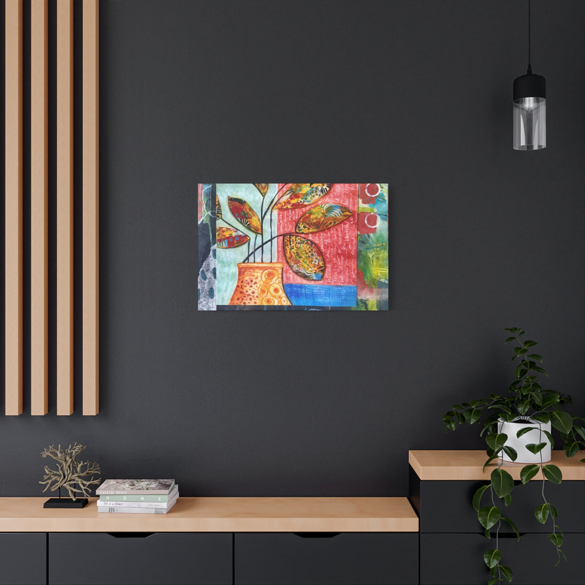 Abstract Floral Vase Canvas Print — Colorful Mixed-Media Wall Art, Matte Stretched 1.25"