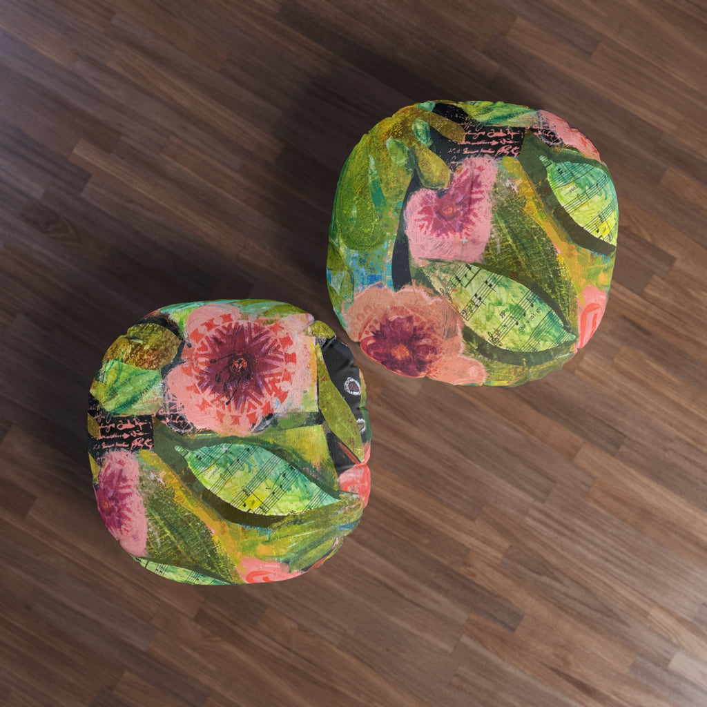 bloomin' Boquete floral garden round tufted floor pillow — pink & green botanical accent