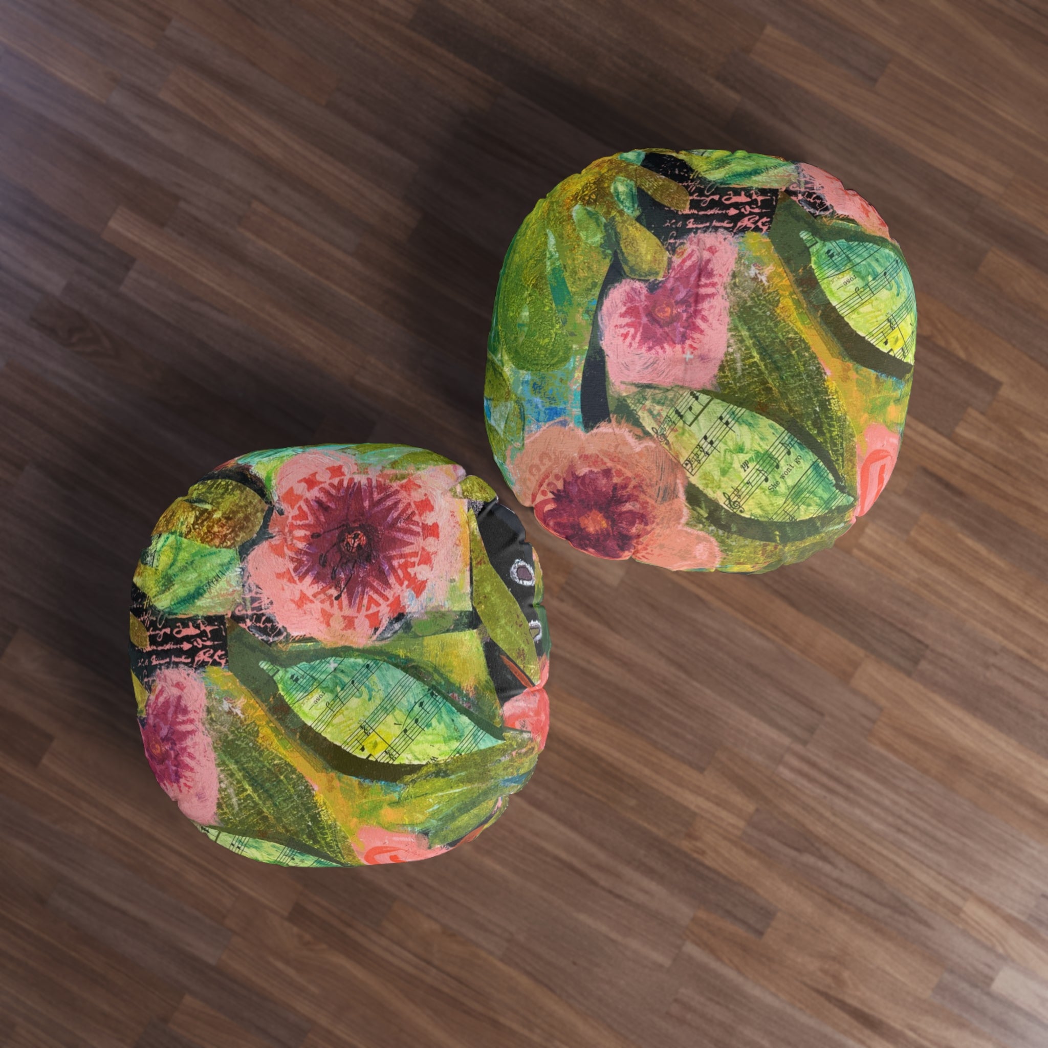 bloomin' Boquete floral garden round tufted floor pillow — pink & green botanical accent