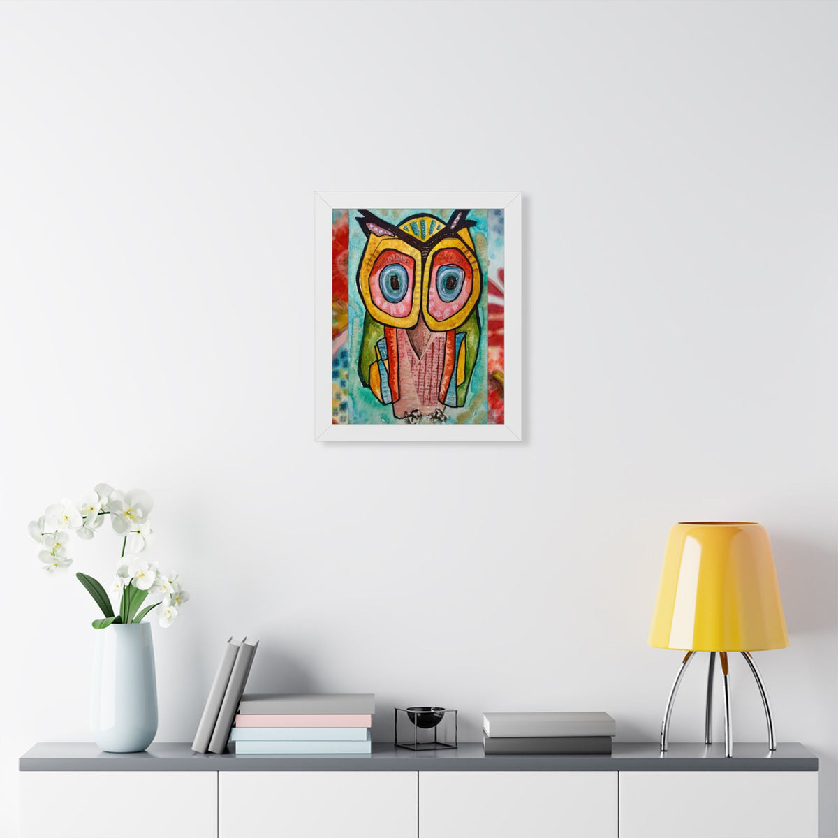 Colorful Owl Framed Poster — Whimsical Vertical Art Print for Nursery & Living Room