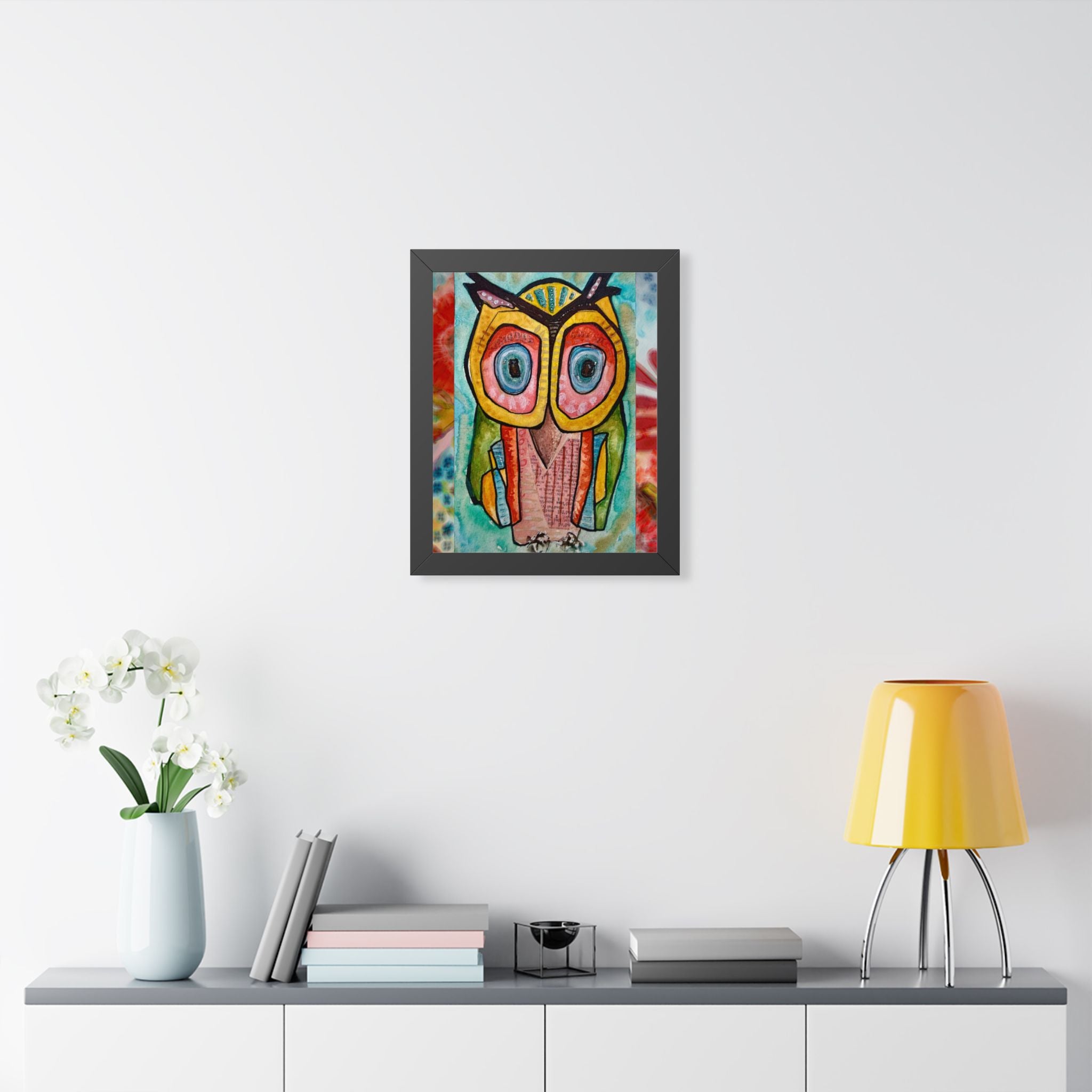 Colorful Owl Framed Poster — Whimsical Vertical Art Print for Nursery & Living Room