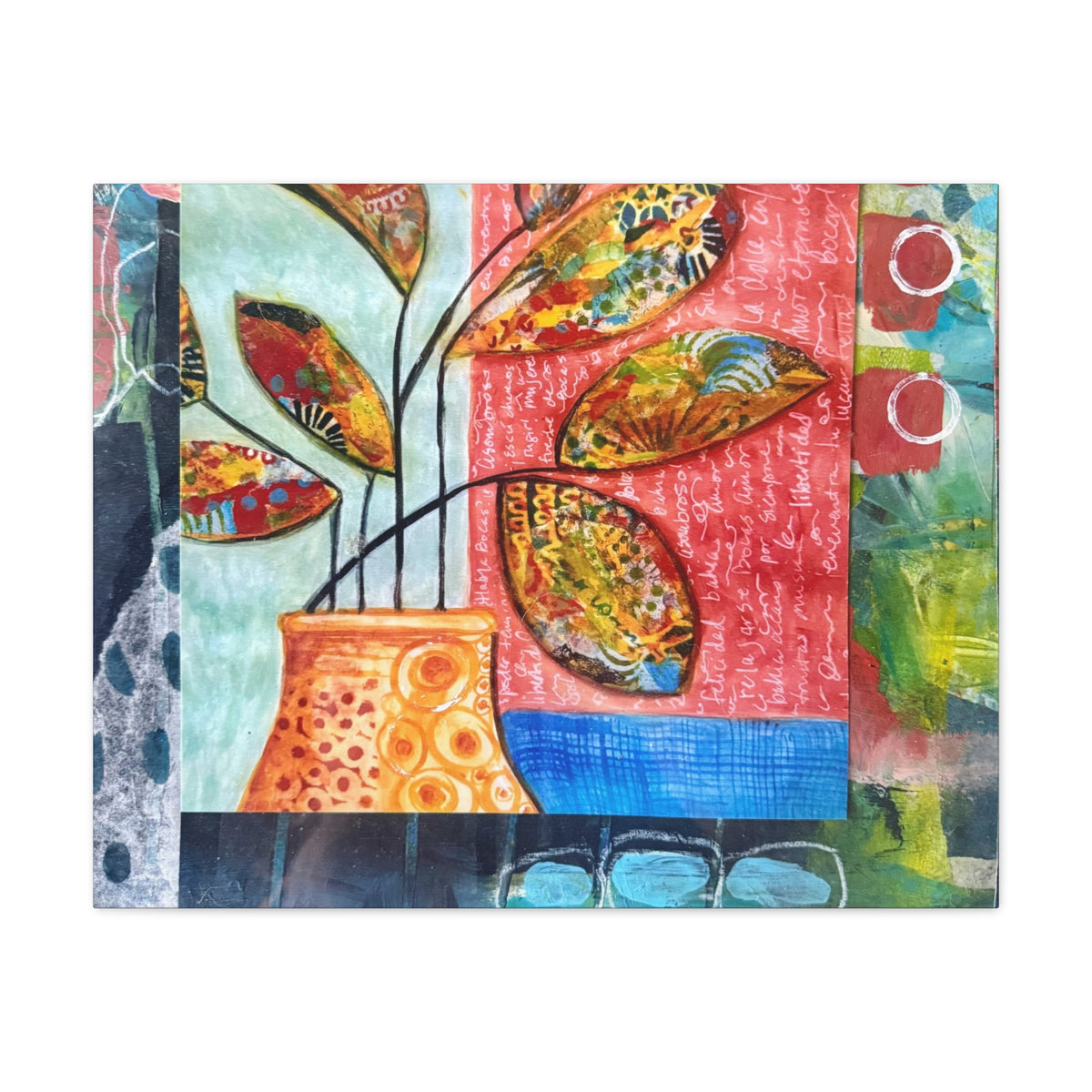 Abstract Floral Vase Canvas Print — Colorful Mixed-Media Wall Art, Matte Stretched 1.25"