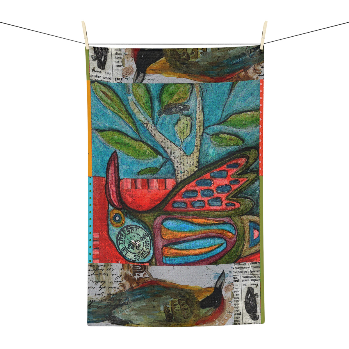 Colorful Folk Art Bird Tea Towel — Vibrant Mixed-Media Kitchen Towel