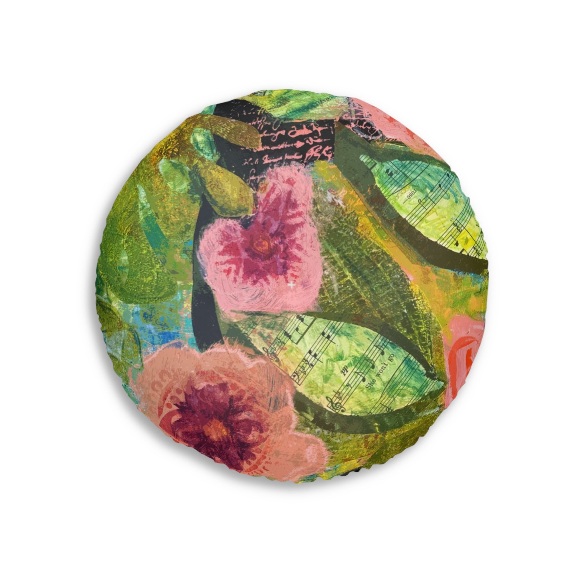 bloomin' Boquete floral garden round tufted floor pillow — pink & green botanical accent