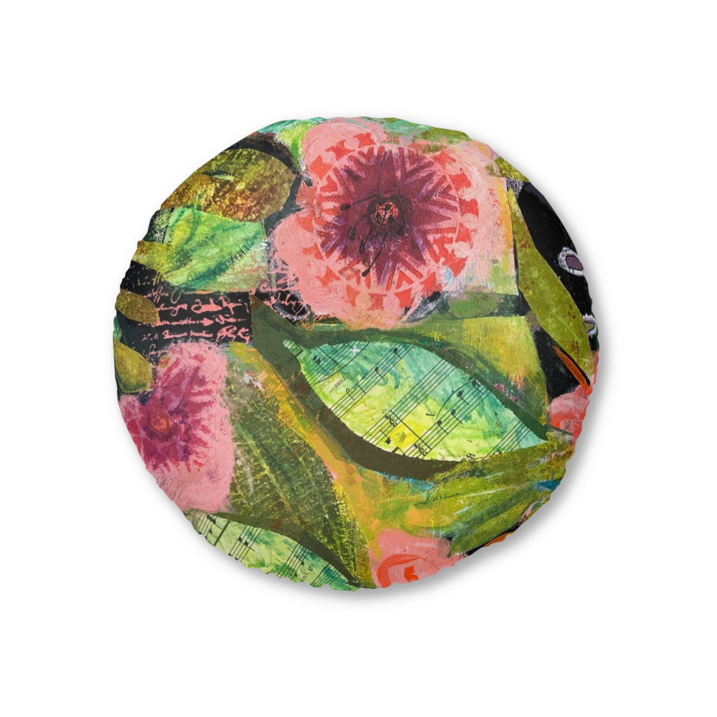bloomin' Boquete floral garden round tufted floor pillow — pink & green botanical accent