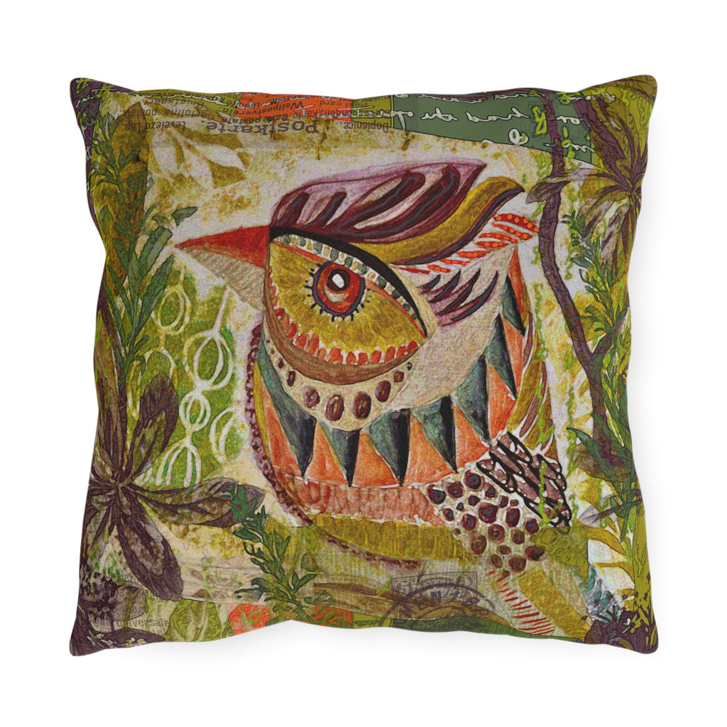Outdoor Pillow — Colorful Folk Art Bird Garden Accent Pillow