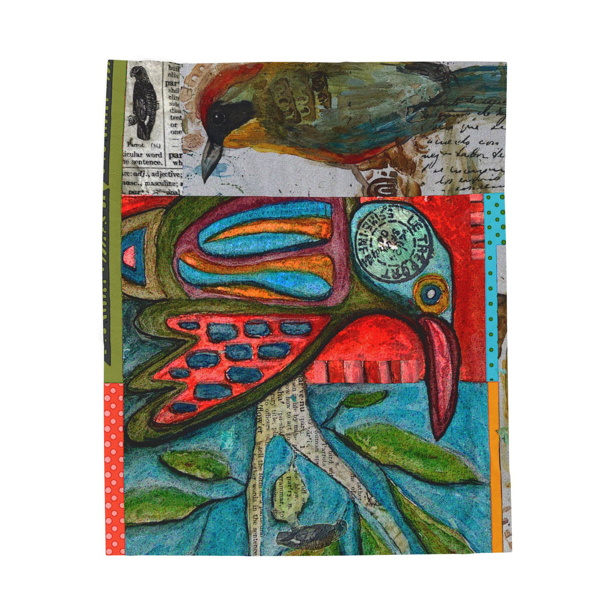 Velveteen Plush Blanket — Colorful Folk Art Bird Collage Throw
