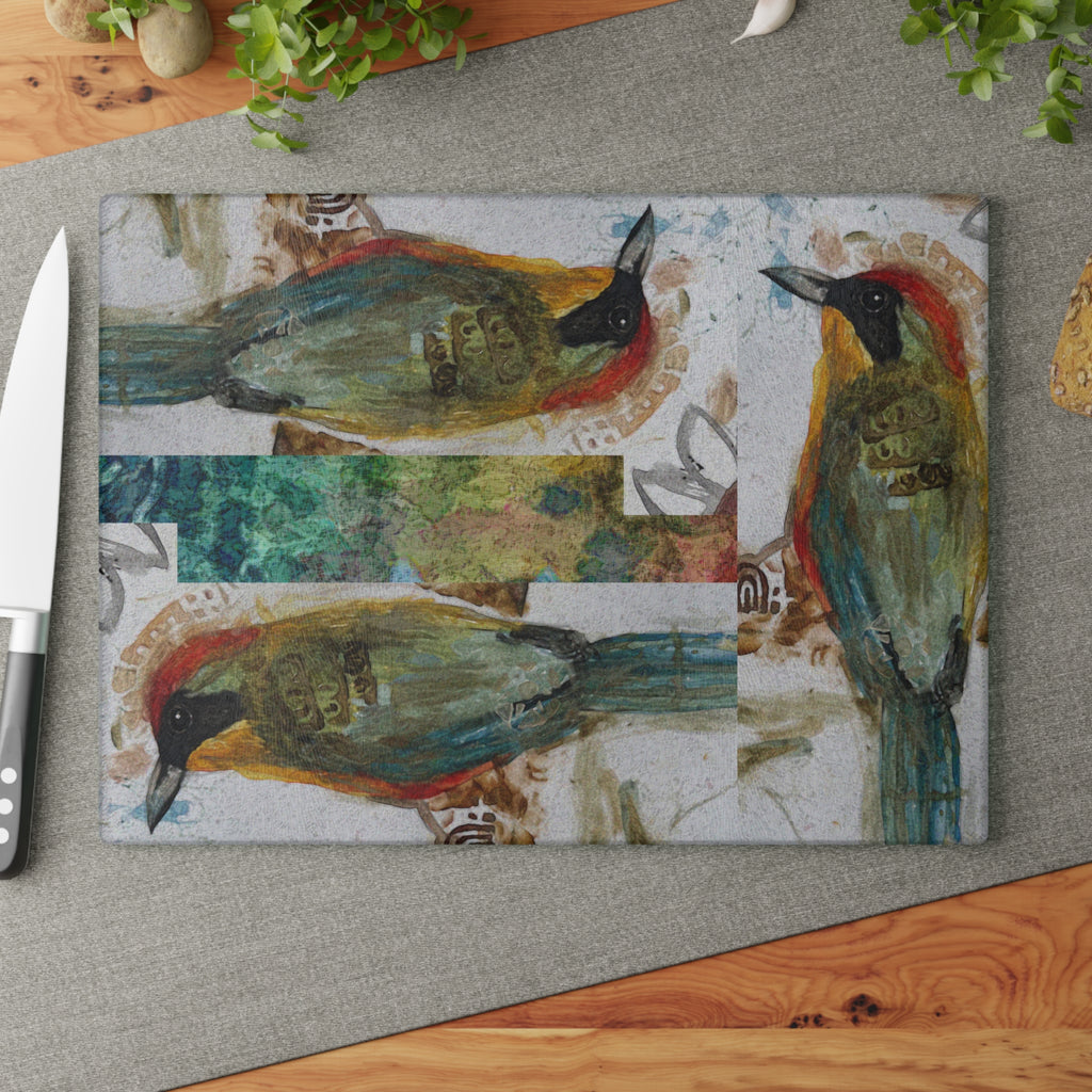Glass Cutting Board — Rustic Watercolor Bird Design