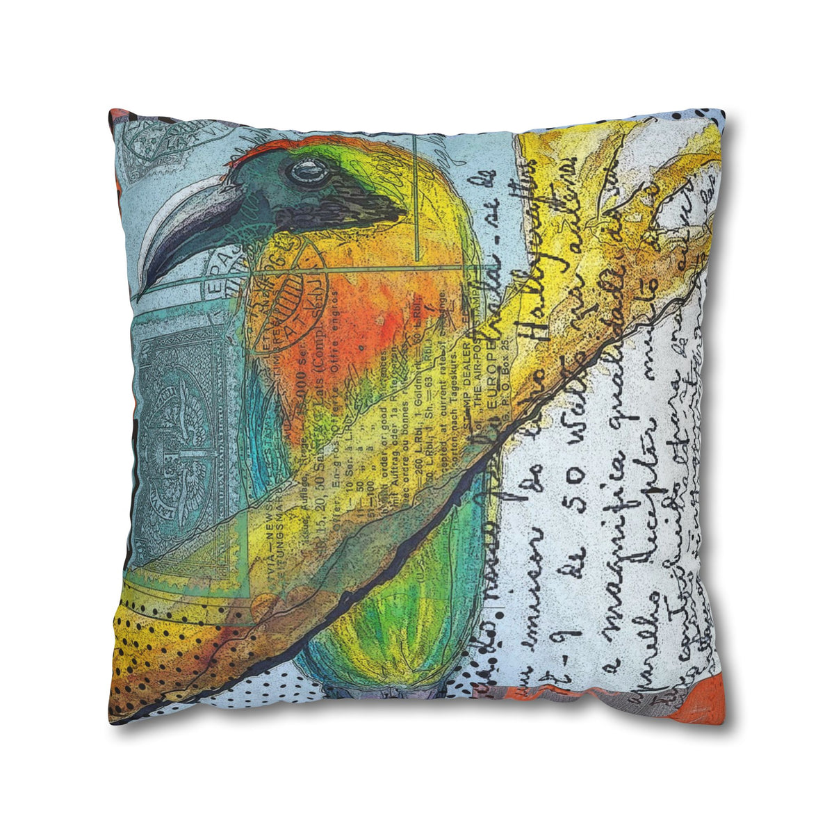 Colorful Bird Faux Suede Pillowcase — Artistic Tropical Rufous Motmot Throw Pillow Cover