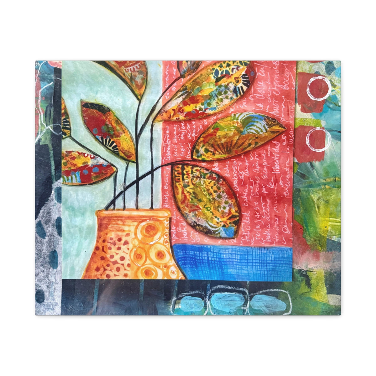 Abstract Floral Vase Canvas Print — Colorful Mixed-Media Wall Art, Matte Stretched 1.25"