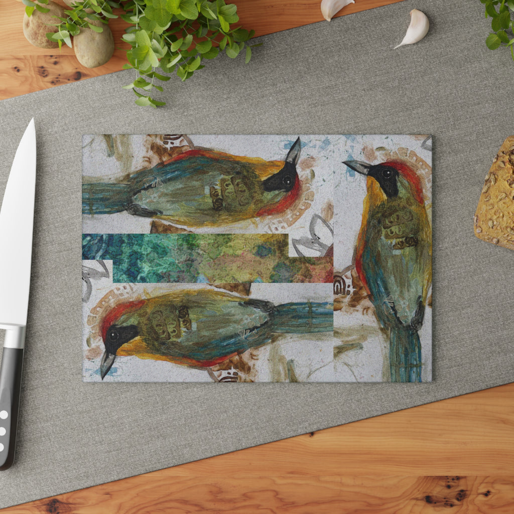 Glass Cutting Board — Rustic Watercolor Bird Design