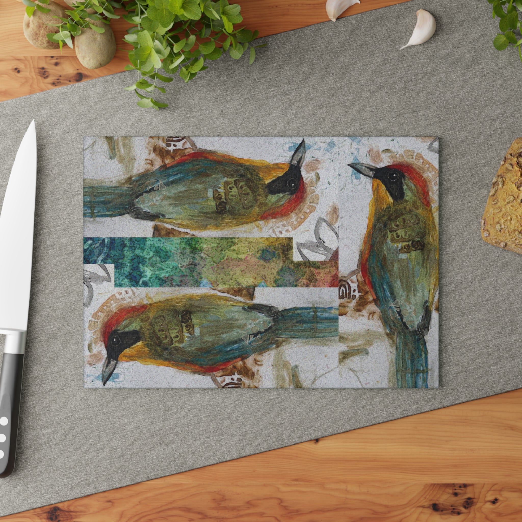 Glass Cutting Board — Rustic Watercolor Bird Design