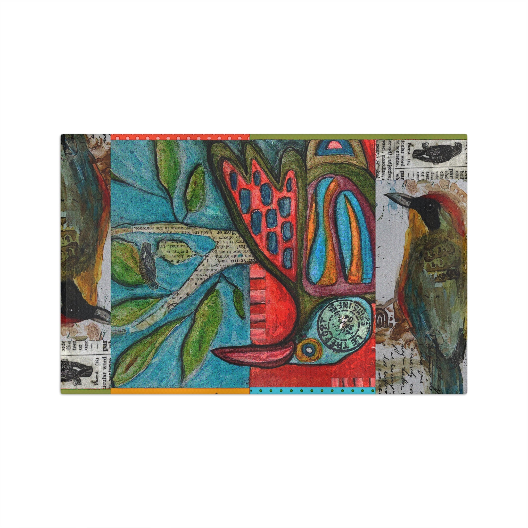 Colorful Folk Art Bird Tea Towel — Vibrant Mixed-Media Kitchen Towel
