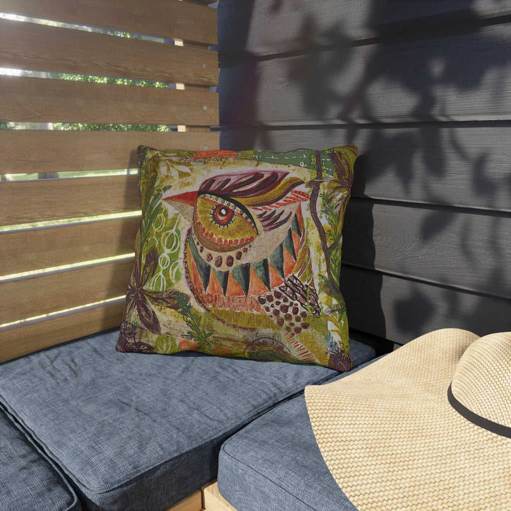 Outdoor Pillow — Colorful Folk Art Bird Garden Accent Pillow