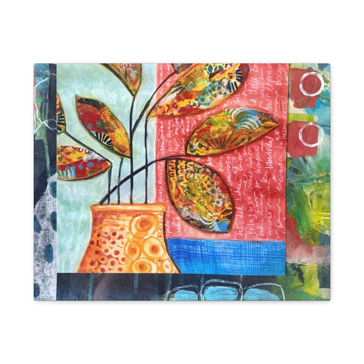 Abstract Floral Vase Canvas Print — Colorful Mixed-Media Wall Art, Matte Stretched 1.25"