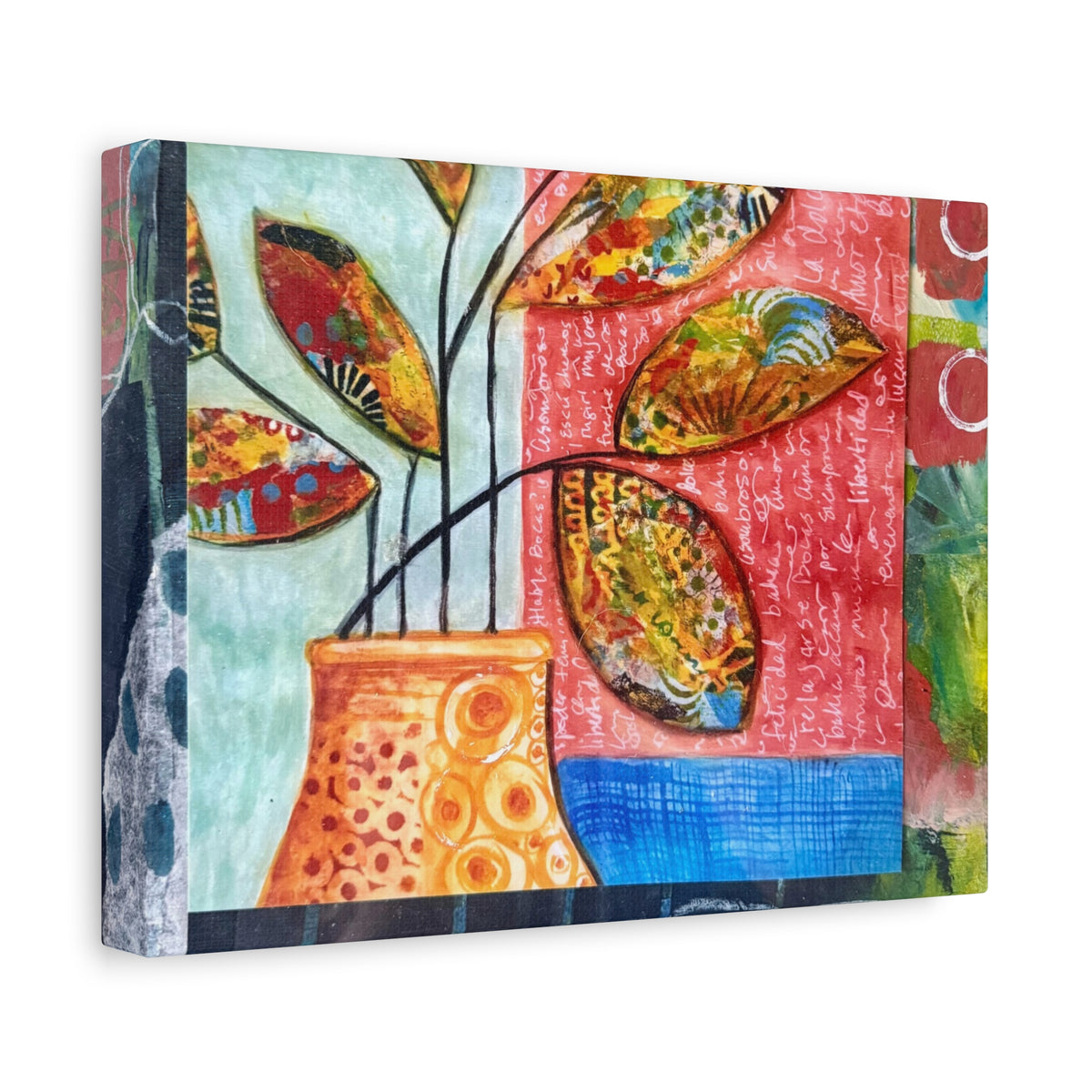 Abstract Floral Vase Canvas Print — Colorful Mixed-Media Wall Art, Matte Stretched 1.25"