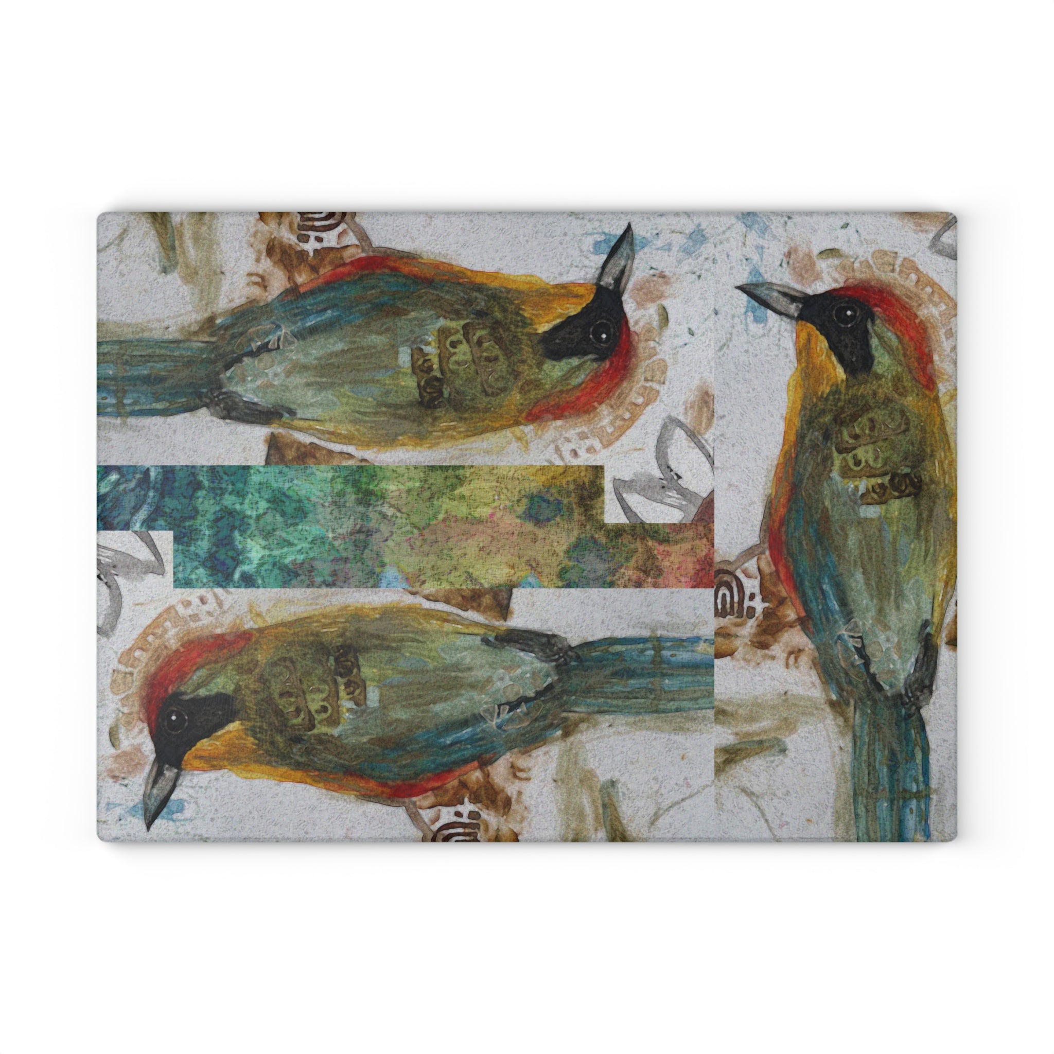 Glass Cutting Board — Rustic Watercolor Bird Design