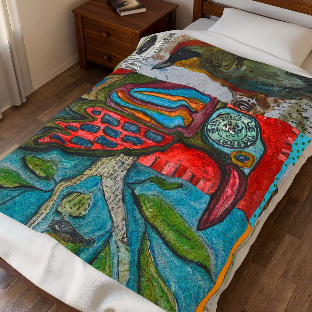 Velveteen Plush Blanket — Colorful Folk Art Bird Collage Throw