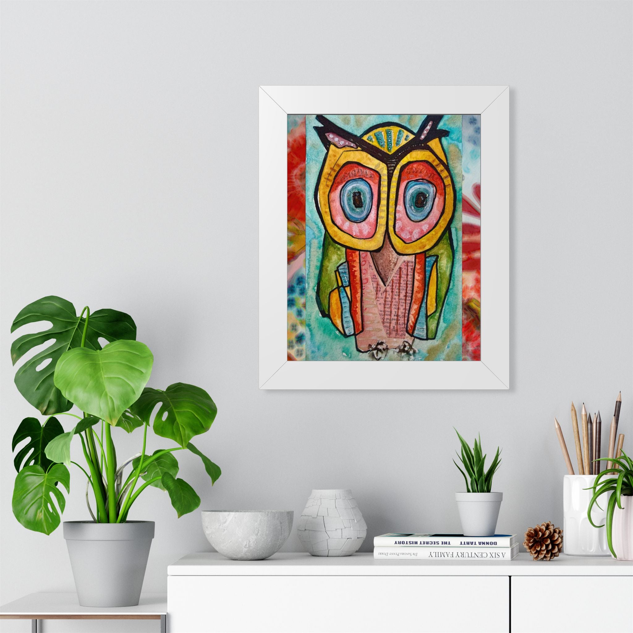 Colorful Owl Framed Poster — Whimsical Vertical Art Print for Nursery & Living Room