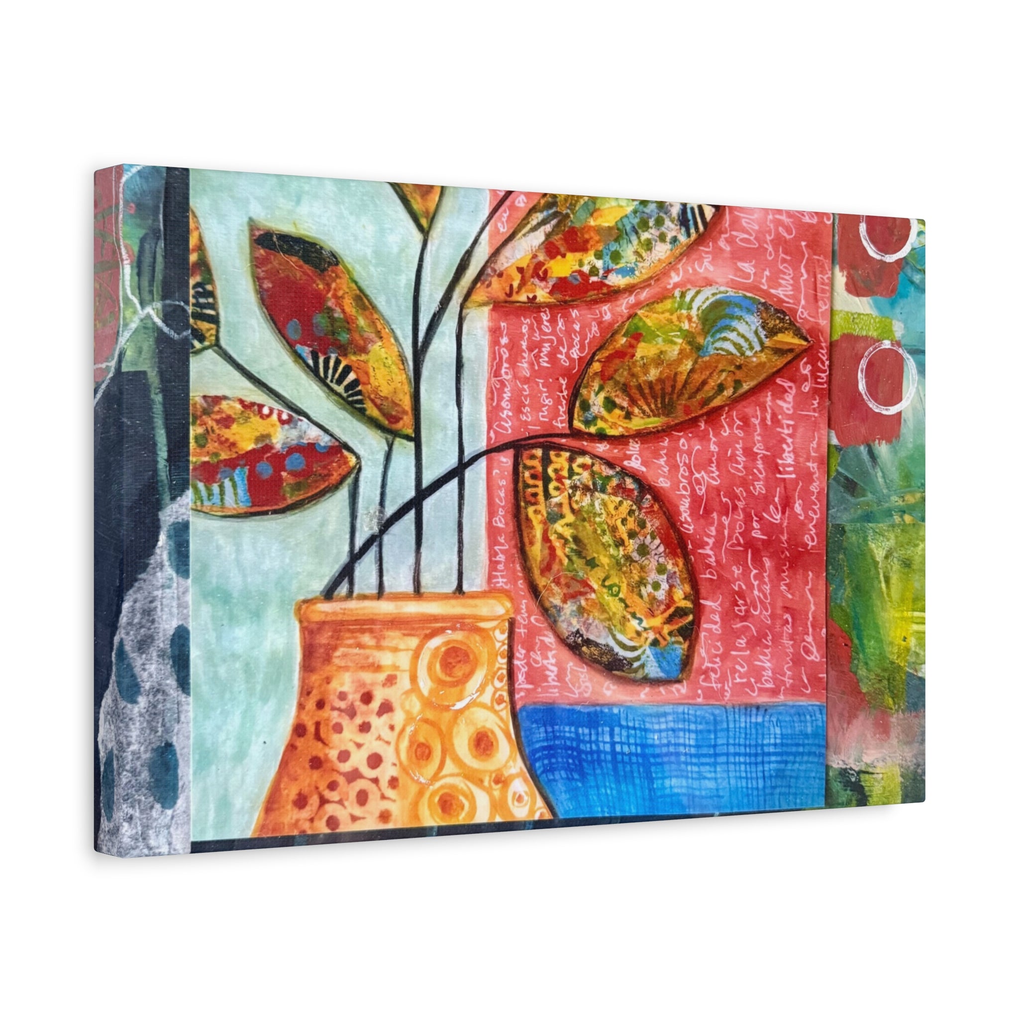 Abstract Floral Vase Canvas Print — Colorful Mixed-Media Wall Art, Matte Stretched 1.25"