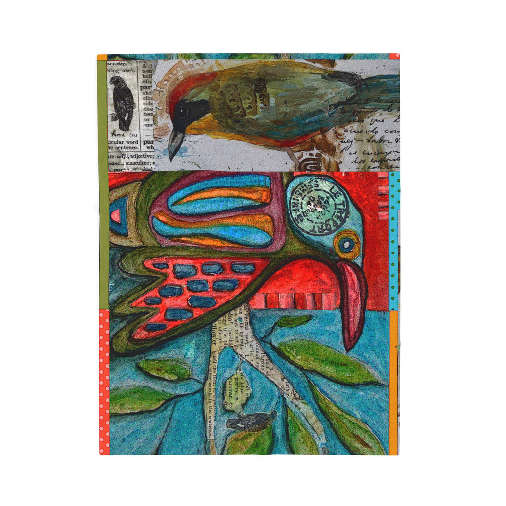 Velveteen Plush Blanket — Colorful Folk Art Bird Collage Throw