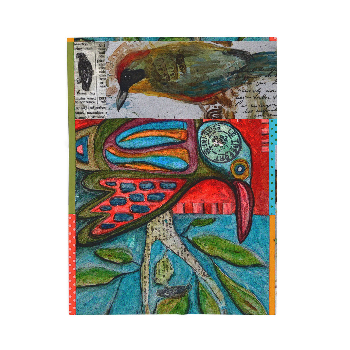 Velveteen Plush Blanket — Colorful Folk Art Bird Collage Throw