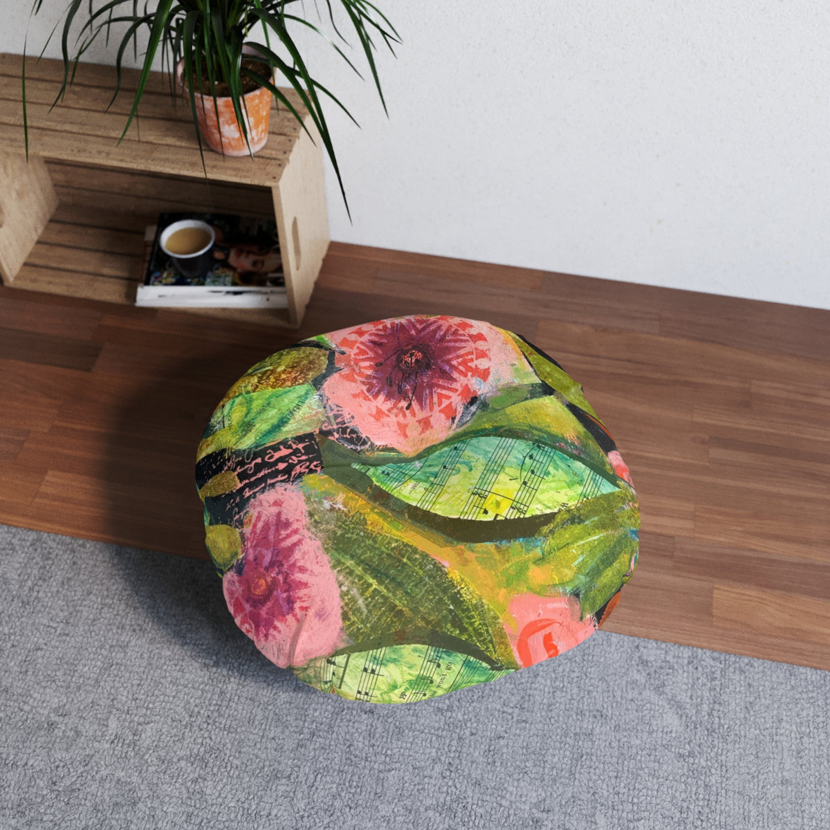 bloomin' Boquete floral garden round tufted floor pillow — pink & green botanical accent