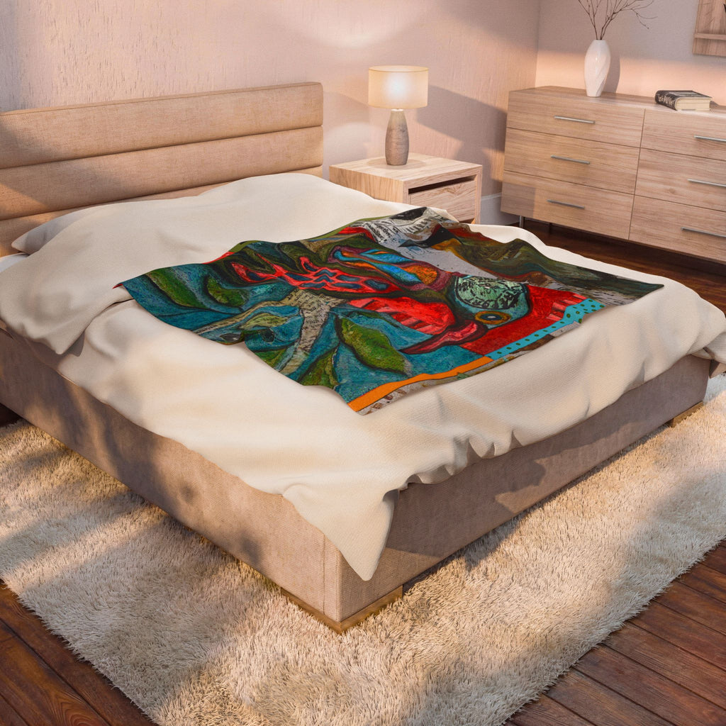 Velveteen Plush Blanket — Colorful Folk Art Bird Collage Throw