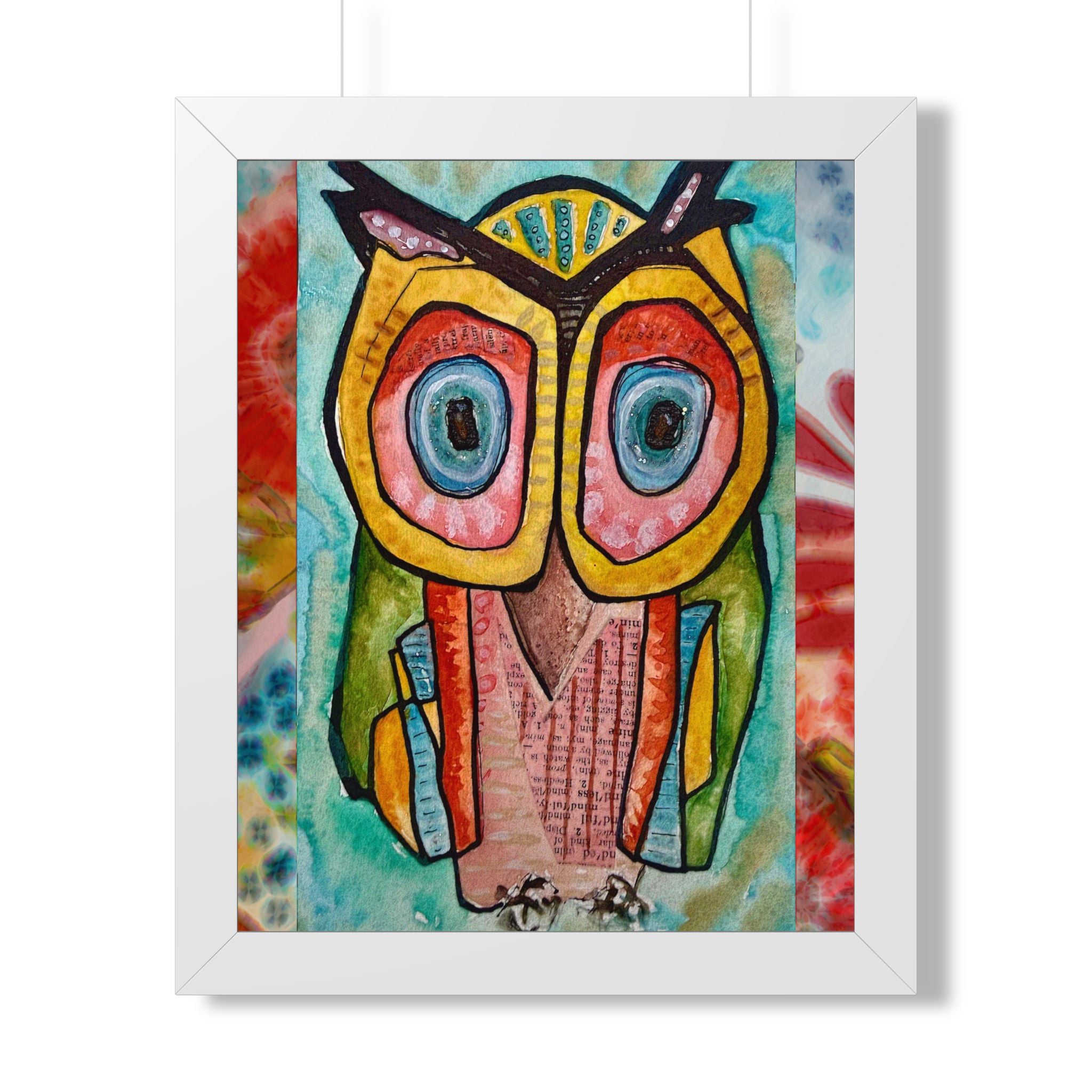 Colorful Owl Framed Poster — Whimsical Vertical Art Print for Nursery & Living Room