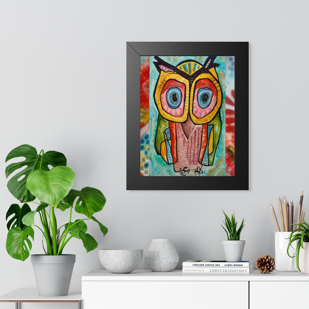 Colorful Owl Framed Poster — Whimsical Vertical Art Print for Nursery & Living Room