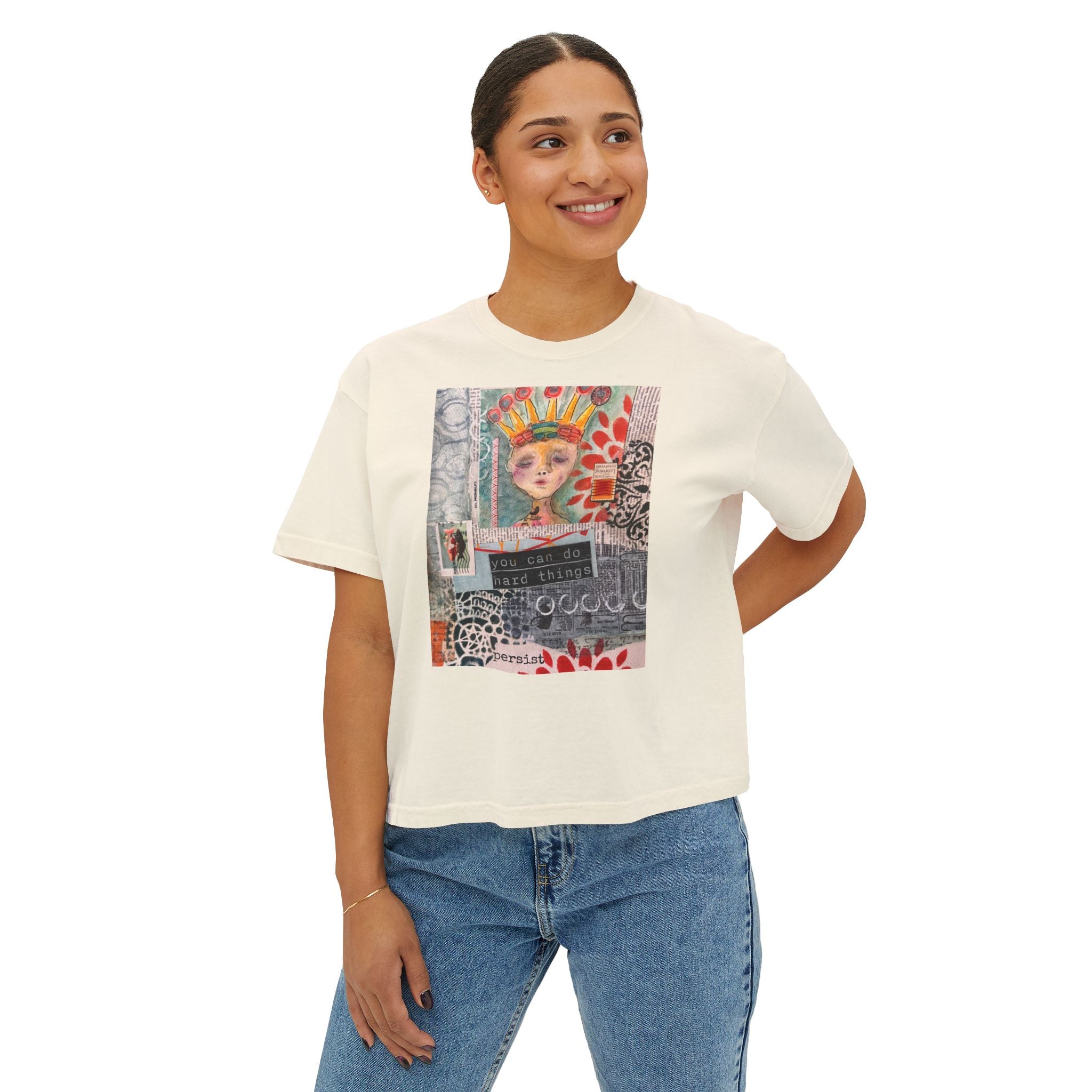 PERSIST! Women's Boxy Tee — Boho Mixed Media Portrait Graphic