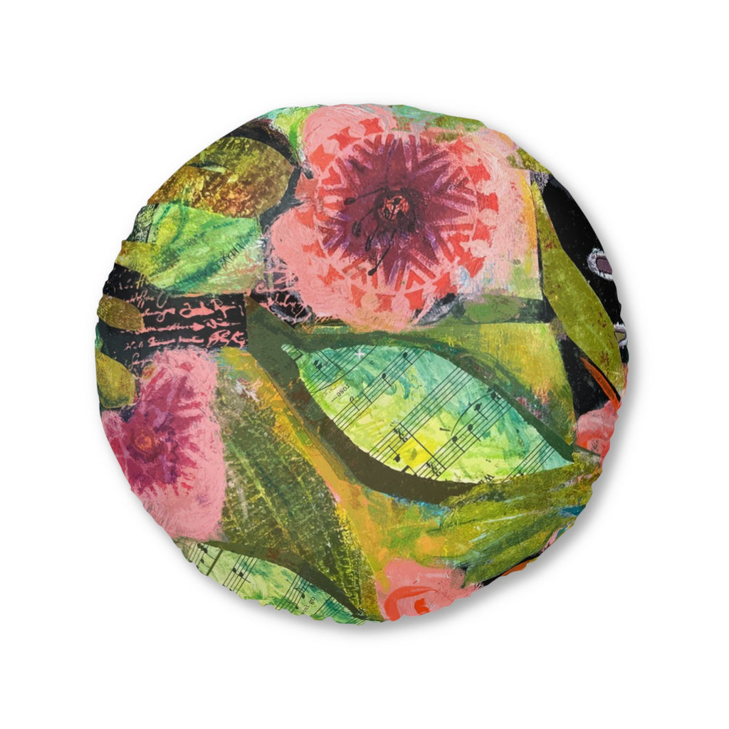bloomin' Boquete floral garden round tufted floor pillow — pink & green botanical accent