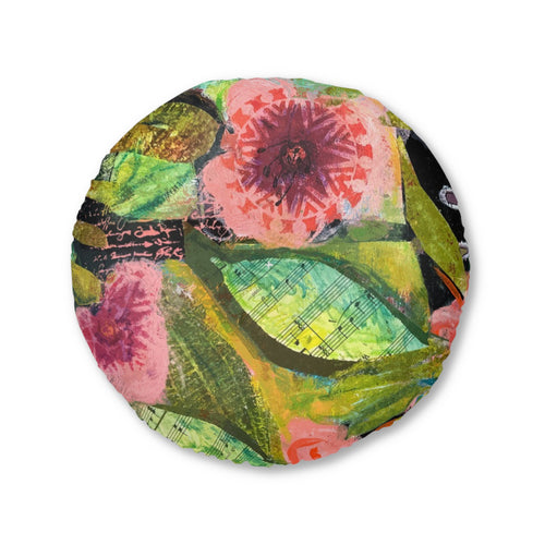 bloomin' Boquete floral garden round tufted floor pillow — pink & green botanical accent