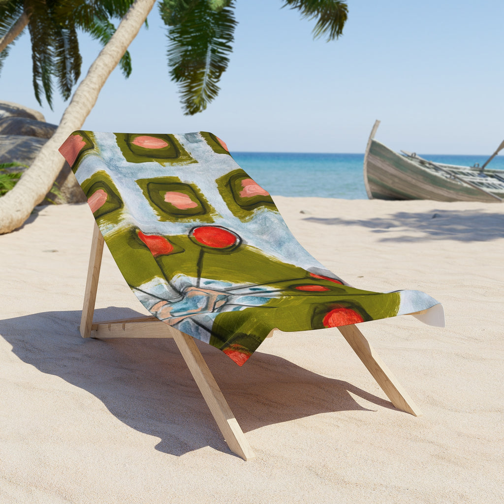 Abstract Coastal Floral Beach Towel — Modern Green & Coral Pattern