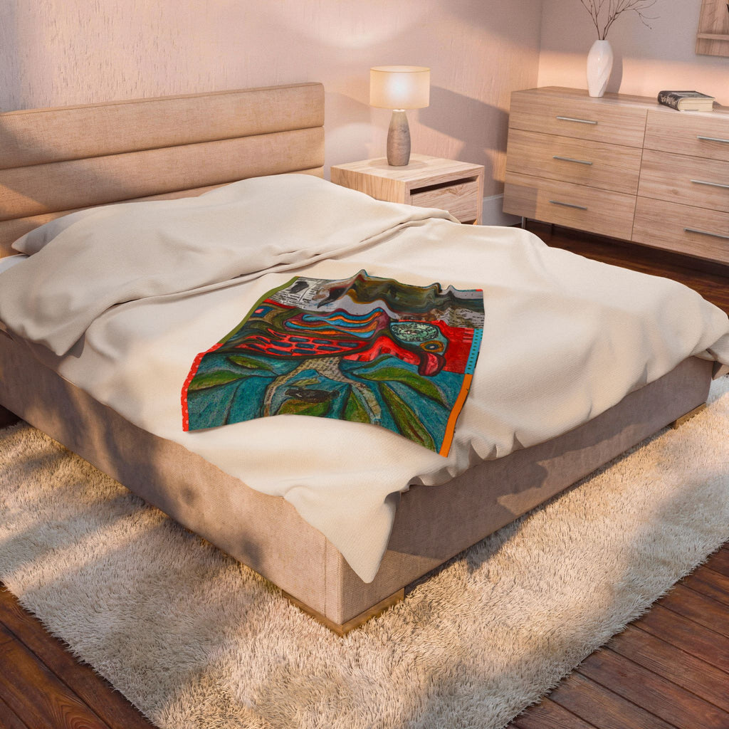 Velveteen Plush Blanket — Colorful Folk Art Bird Collage Throw