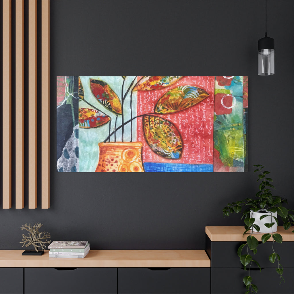 Abstract Floral Vase Canvas Print — Colorful Mixed-Media Wall Art, Matte Stretched 1.25"