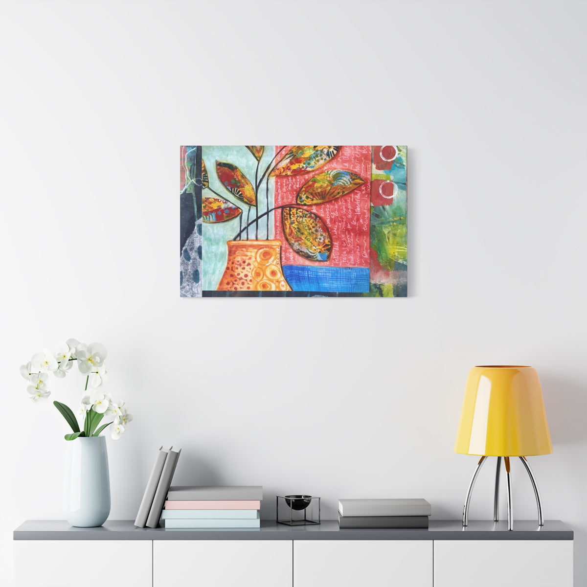 Abstract Floral Vase Canvas Print — Colorful Mixed-Media Wall Art, Matte Stretched 1.25"