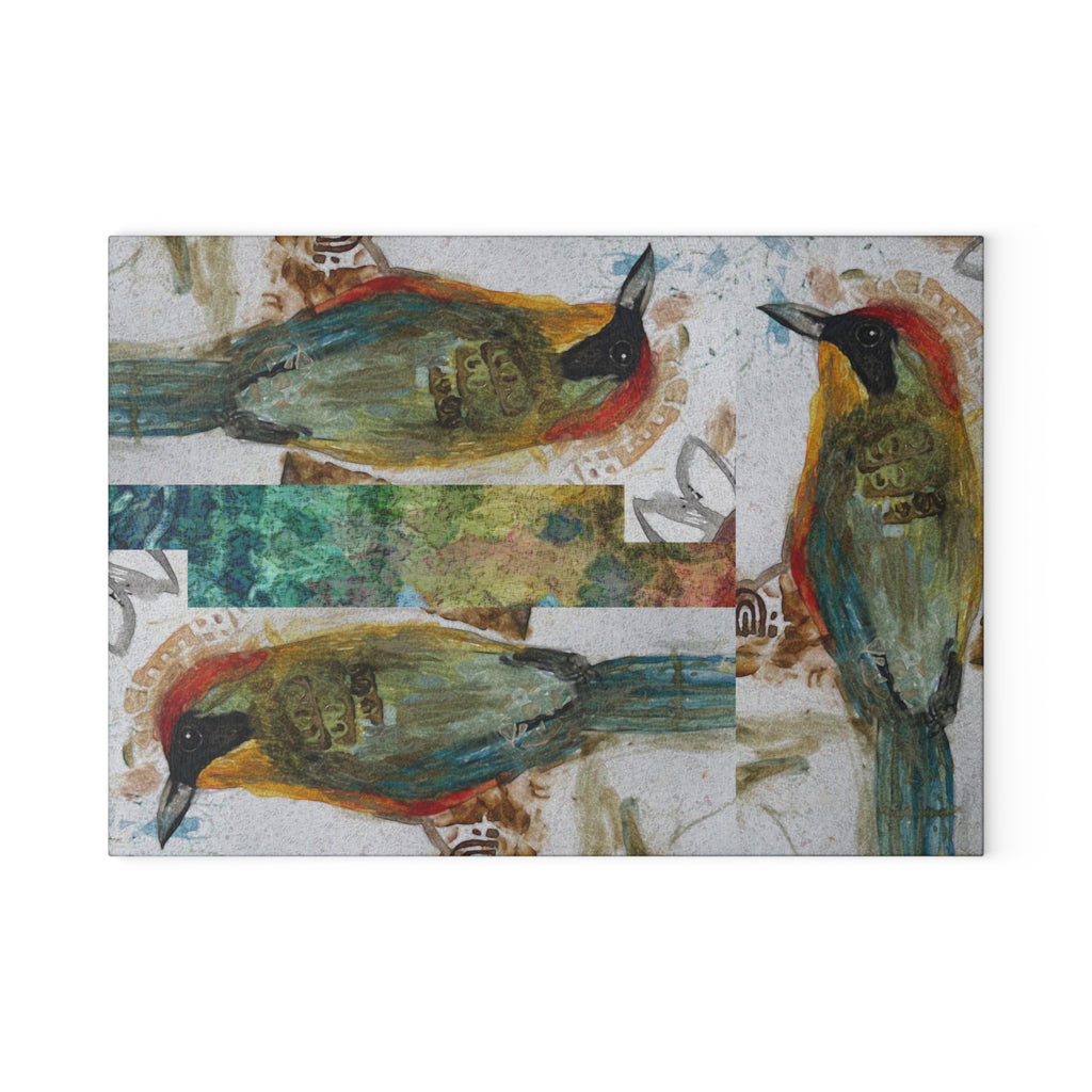 Glass Cutting Board — Rustic Watercolor Bird Design