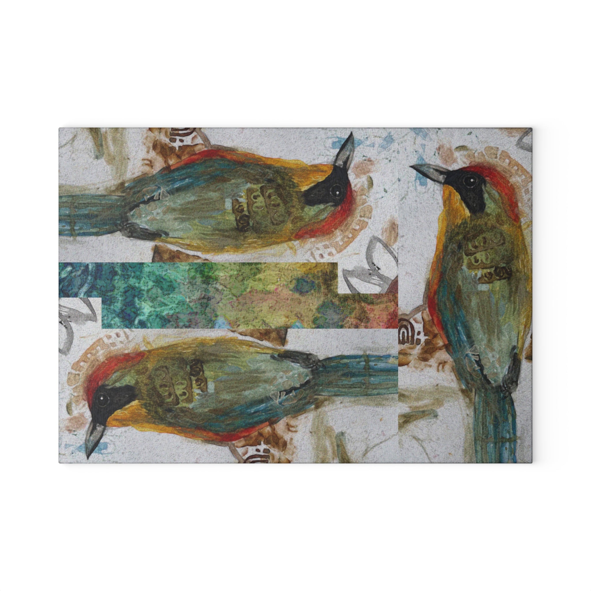 Glass Cutting Board — Rustic Watercolor Bird Design