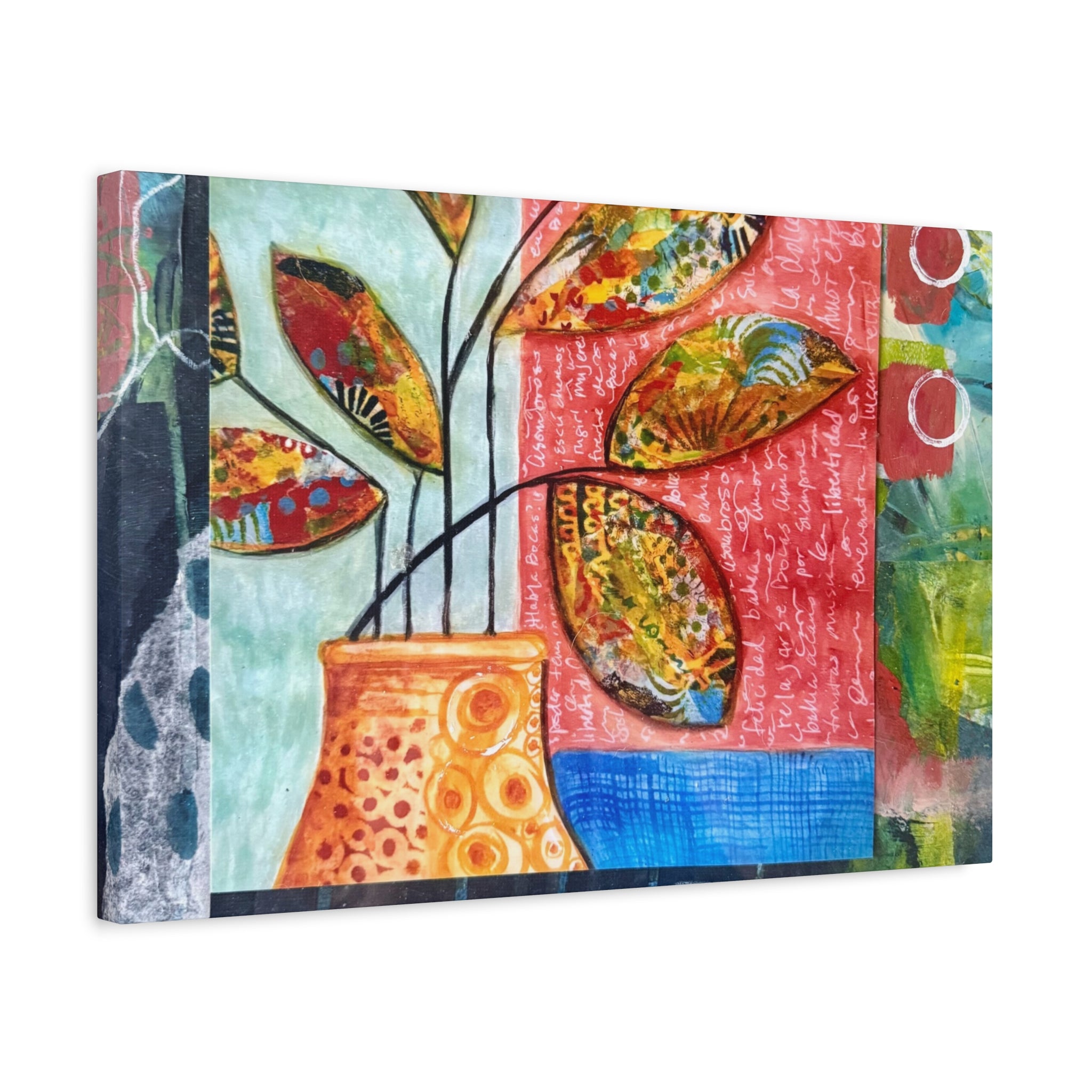 Abstract Floral Vase Canvas Print — Colorful Mixed-Media Wall Art, Matte Stretched 1.25"