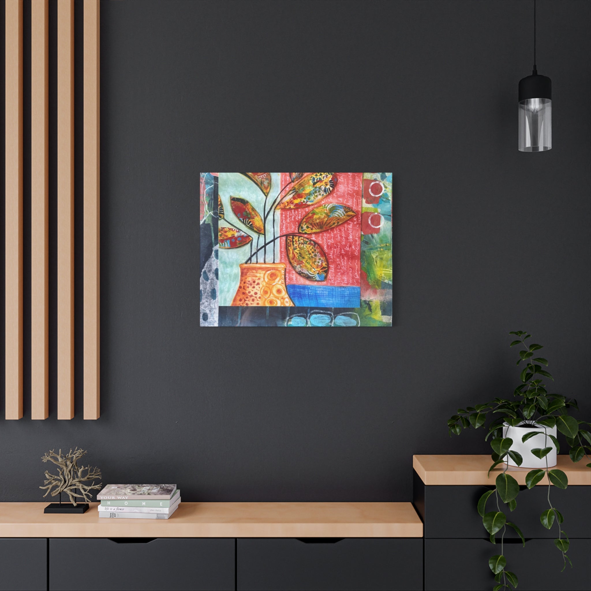 Abstract Floral Vase Canvas Print — Colorful Mixed-Media Wall Art, Matte Stretched 1.25"