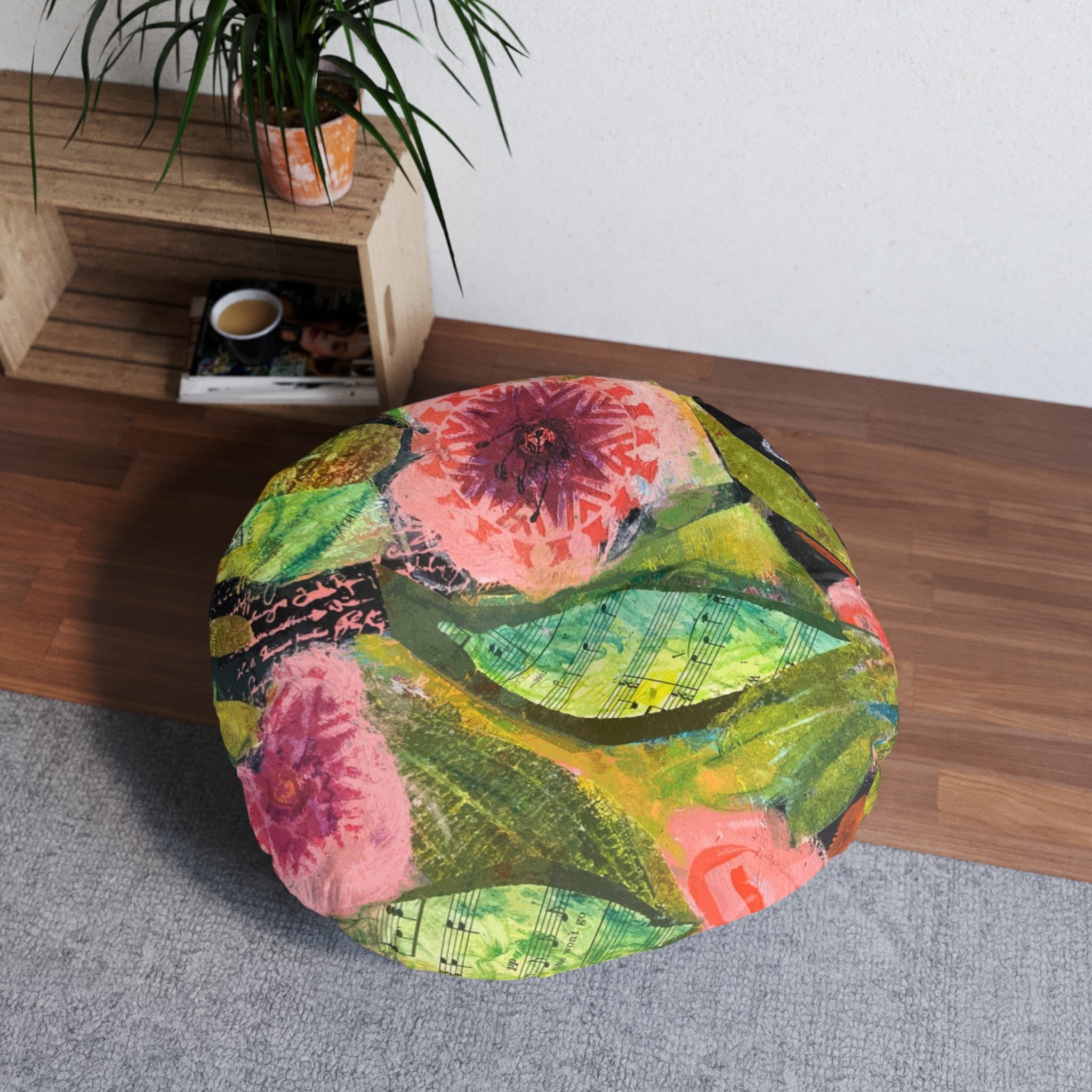 bloomin' Boquete floral garden round tufted floor pillow — pink & green botanical accent