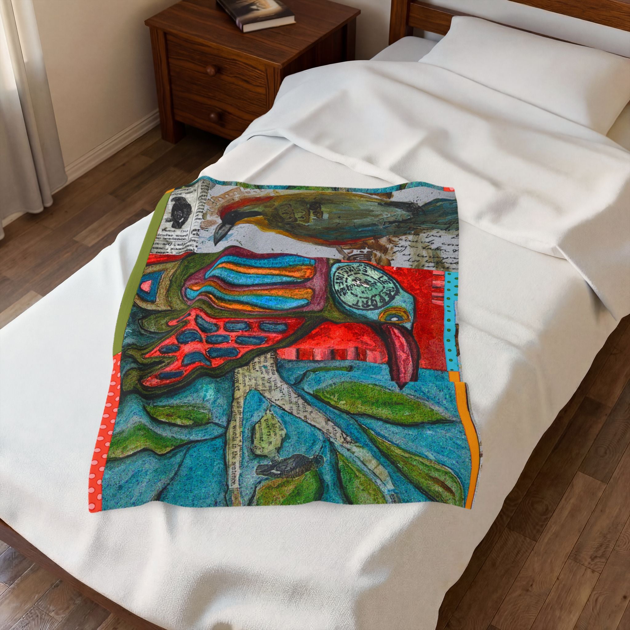 Velveteen Plush Blanket — Colorful Folk Art Bird Collage Throw