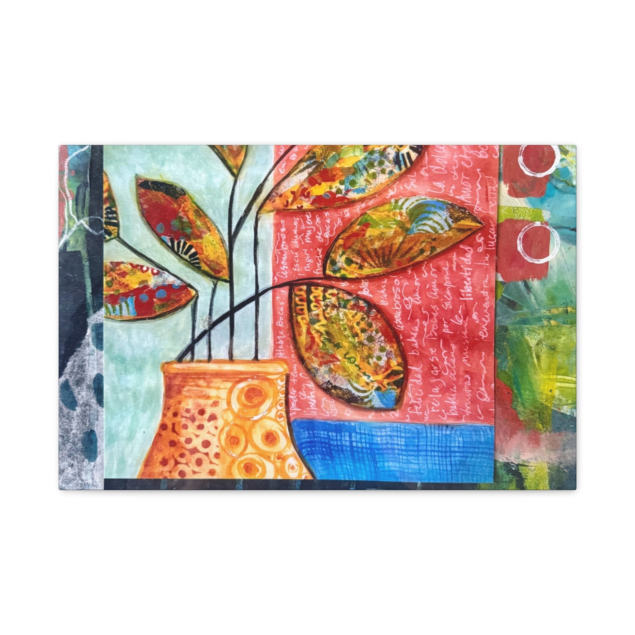 Abstract Floral Vase Canvas Print — Colorful Mixed-Media Wall Art, Matte Stretched 1.25"