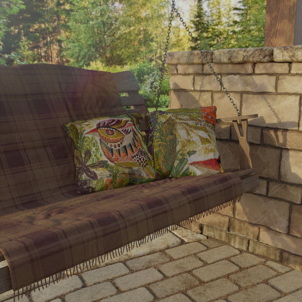 Outdoor Pillow — Colorful Folk Art Bird Garden Accent Pillow