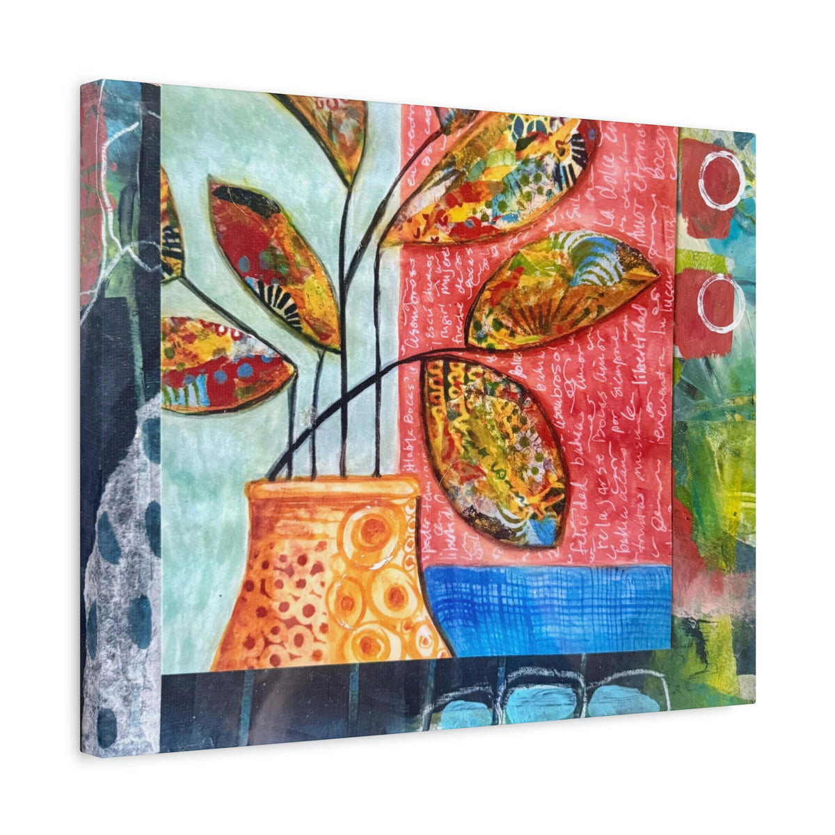 Abstract Floral Vase Canvas Print — Colorful Mixed-Media Wall Art, Matte Stretched 1.25"