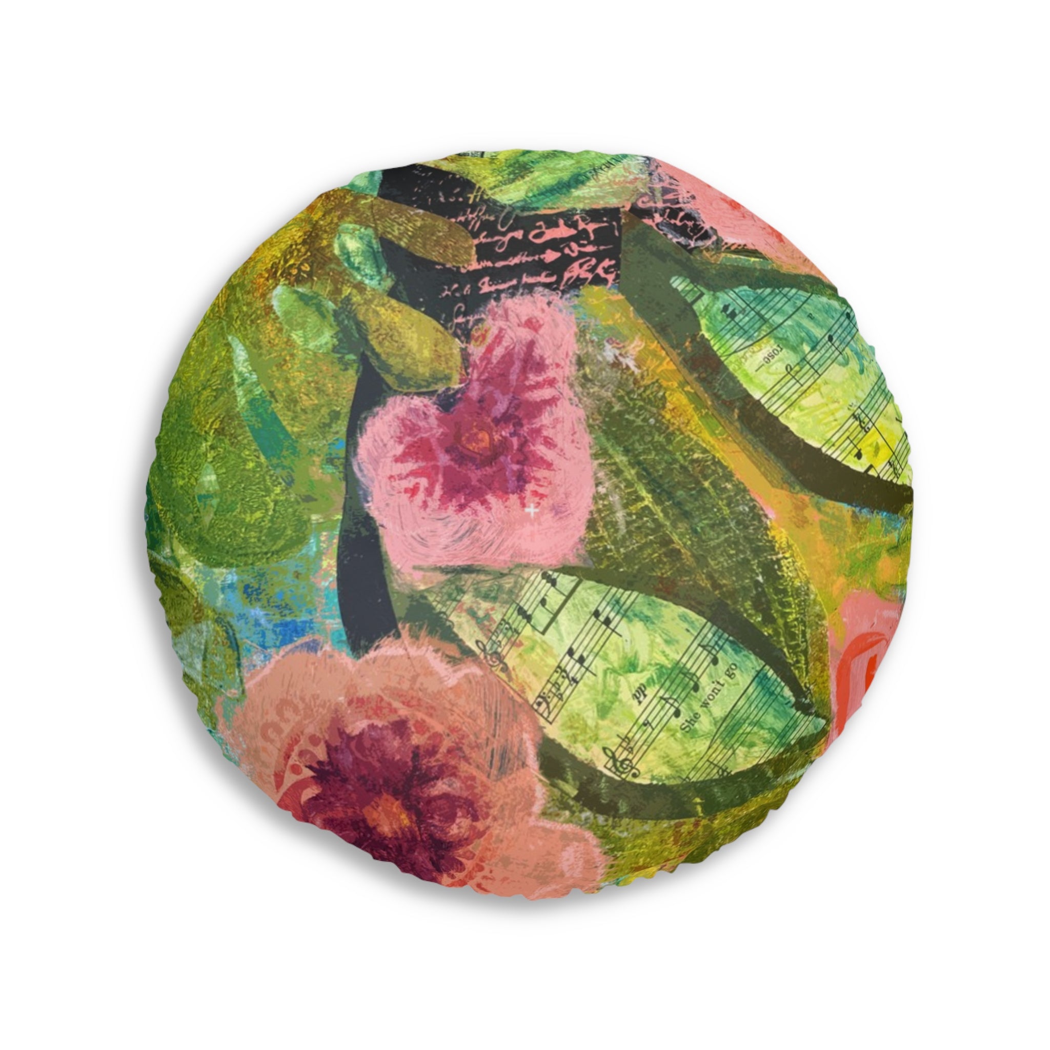 bloomin' Boquete floral garden round tufted floor pillow — pink & green botanical accent